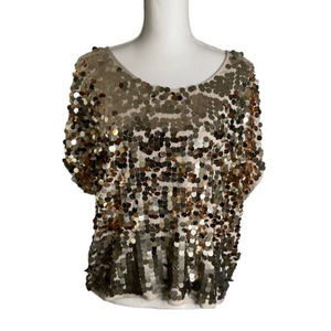 Apt 9 XL Tan Gold Sequined Top Scoop Neck Short Sleeve Glitter Sparkle Swiftie
